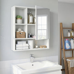 Wall-Mounted Mirror Cabinet with 2 Hidden Shelves and 3 Open Compartments-White