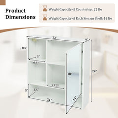 Wall-Mounted Mirror Cabinet with 2 Hidden Shelves and 3 Open Compartments-White