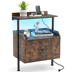 Wall-mounted Nightstand with LED Lights and Charging Station for Bedroom-Rustic Brown