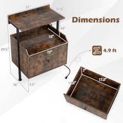 Wall-mounted Nightstand with LED Lights and Charging Station for Bedroom-Rustic Brown