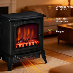 Electric Fireplace Heater, Freestanding Fireplace Stove with Realistic Flame Effect, Overheat Safety Protection, 750W/1500W, Black