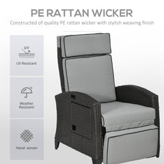 Wicker Recliner Chair with Adjustable Backrest and Footrest, Washable Cushion, Side Tray, Light Grey
