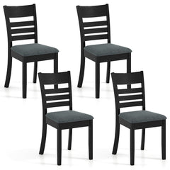 Set of 4 Slat Back Dining Chairs with Padded Grey Seat, Black Rubber Wood