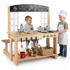 Wooden Pretend Play Kitchen with Bench and Cooking Accessories-Natural