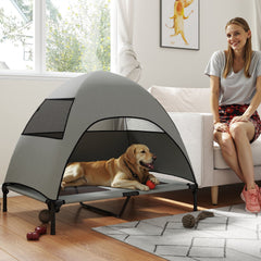 Elevated Dog Bed with Canopy Raised Dog Bed Washable Mesh Steel Frame 41.7" x 29.9" x 39" Coffee