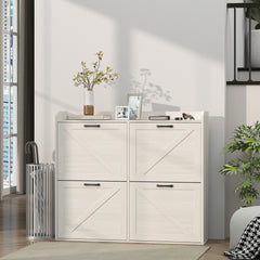 Narrow Shoe Storage Cabinet with 4 Flip Drawers, Adjustable Shelves, 16 Pair Farmhouse Shoe Cabinet, Rustic Brown