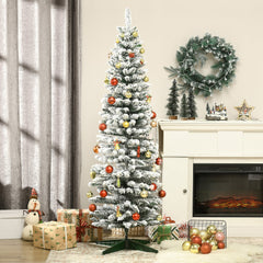 5ft Tall Pencil Artificial Christmas Tree, Holiday Décor with Snow Flocked Branches, Green