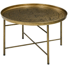 Vintage Coffee Table for Living Room, 24" Round Center Table with Hammered Tray Top and Metal Frame, Gold