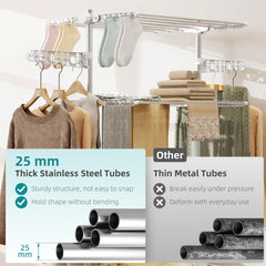 Garment Drying Rack Stainless Steel Folding Clothes Hanging Rack with Side Wings Castors for Indoor Outdoor White