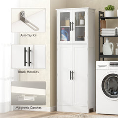 Tall Bathroom Cabinet with Glass Doors, Space-Saving Unit with Adjustable Shelves, Freestanding Storage, White