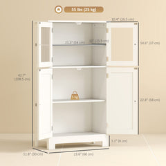 Bathroom Floor Storage Cabinet with Tempered Glass Doors and Adjustable Shelf, Kitchen Cupboard, Free Standing Organizer for Living Room Entryway, White
