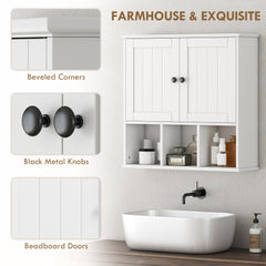 Farmhouse Bathroom Wall Cabinet, Wall Mounted Medicine Cabinet with Adjustable Shelf, Open Compartments, White