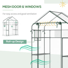 Walk-in Greenhouse with 4 Shelves, 56" x 29" x 77" Mini Greenhouse ,Roll-Up Door, Mesh Windows for Seedling, Flowers, Plant Growing, Clear