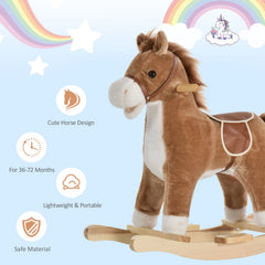 Kids Rocking Horse Plush Animal on Wooden Rockers with Sounds, Wooden Base, Baby Rocking Chair, Brown