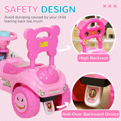 Toddlers Push Car with Horn, Light, Music, Anti-Over-Backwards Device, Steering Wheel, Under Seat Storage, Pink