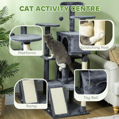 54" Cat Tree, Multi-Level Cat Tower with Scratching Posts, Cat Condos, Bed, Platforms, Ramp, Toy Ball, Beige