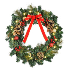 Christmas Wreath 24" Pre-Lit Artificial Greenery Xmas Spruce Wreath Cones Red Berries 20 LED Lights Battery Operated