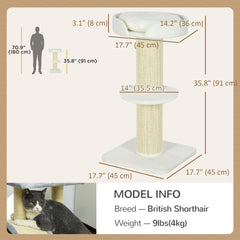 Cat Tree Kitty Tower with Sisal Mat Scratching Post, Cat Bed, Cushion, Perch, 18" x 18" x 36", Brown