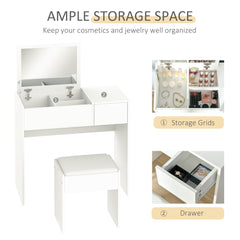 Modern Vanity Set with Flip Top Mirror and Cushioned Stool, Dressing Table with Storage Drawer for Bedroom, White