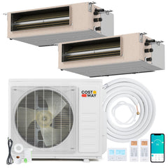 X-Pro 27,000 BTU 2 Zone Concealed Ducted Mini Split Heat Pump, 24 SEER2, 9K + 9K