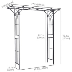 Metal Garden Arch Outdoor Walkway Arbor, 74.75" x 19.75" x 82.75", Dark Grey