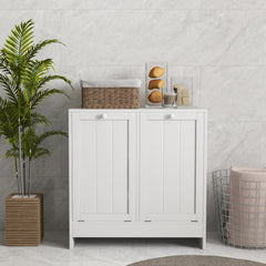 Tilt-Out Laundry Storage Cabinet, Modern Laundry Hamper with 2 Compartments for Bathroom Washroom, Black