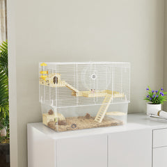 Hamster Cage with Deep Bottom, Wooden Ramp, Hut, Bathroom and Exercise Wheel for Hamster and Gerbil, White
