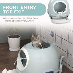 Cat Litter Box Toilet with Lid, Covered Litter Box with Scoop, Enclosed Drawer and Skylight, Blue