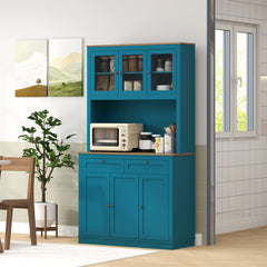 71" Pantry Cabinet with Microwave Space, Buffet with Hutch, 2 Drawers, Adjustable Shelves and Glass Doors, Blue