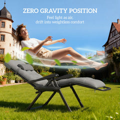 Padded Folding Recliner Chair, Patio Lounger with Cupholder, Adjustable Backrest, Removable Cushion, Black
