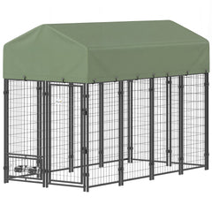 Outdoor Dog Kennel, Lockable Pet Playpen Crate, Welded Wire Steel Fence, Rotating Bowl Holders, Green