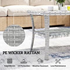 Outdoor Coffee Table with Storage Shelf, PE Wicker Patio Table with Glass Top for Garden, Backyard, Dark Grey