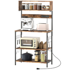 Baker's Rack with Charing Station, Microwave Shelf with Power Outlet, USB Charger and 5 Hooks, Black