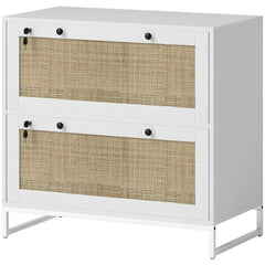 2-Drawer Filing Cabinet with Lock, Rattan File Cabinet with Adjustable Hanging Bar, Natural