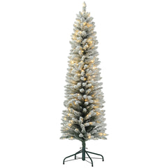 5ft Artificial Prelit Christmas Tree with Warm White LED Light, Snow Flocked Branches, Metal Base, Pencil Xmas Tree