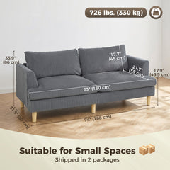 3 Seater Sofa, 74" Modern Corduroy Upholstered Couch with Thick Spring Cushions, Solid Wood Legs, Armrests, Beige