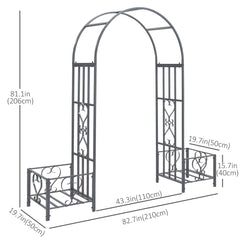 7FT Metal Garden Arch with 2 Planter Boxes, Decorative Outdoor Walkway Arbor for Climbing Vine Plants for Patio Backyard Lawn Party Ceremony, Dark Grey