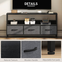 TV Stand with Charging Station, TV Table with 2 Foldable Linen Drawers and Open Shelf for 47 Inch Television, Black