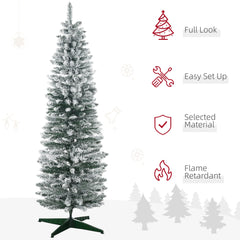 5ft Tall Pencil Artificial Christmas Tree, Holiday Décor with Snow Flocked Branches, Green