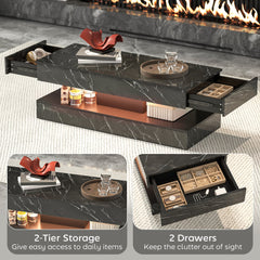 Coffee Table with Adjustable LED Lights, Modern Living Room Table with 2 Drawers, Open Shelf, Remote, High Gloss White