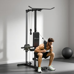 Lat Pull Down Machine, High / Low Pulley Machine with Adjustable Seat and Flip-Up Footplate, Black