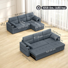 Convertible Sectional Sofa Bed, Pull Out Sleeper Sofa Couch with USB‑A+C, Chaise Storage, L-Shaped Futon Couch, Beige