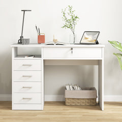 Home Office Desk with Storage, Computer Desk with Lockable Drawer and Open Compartment, White