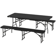 6FT 3PCS Faux Rattan Outdoor Camping Table Bench Set with Carrying Handles, Folding Picnic Table with 2 Benches, Black