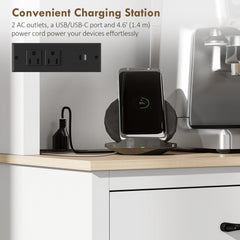 69" Kitchen Pantry Cabinet with Charging Station Kitchen Cabinet with Microwave Stand 7 Gallon Trash Can Cabinet Black