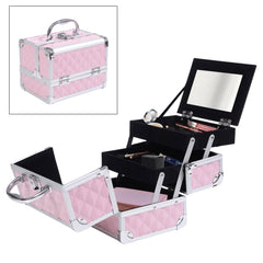 3 Tier Diamond Texture Makeup Train Case Cosmetic Organizer with Mirror, Black