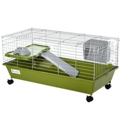 Small Animal Cage, Rolling Bunny Cage, Guinea Pig Cage with Food Dish, Water Bottle, Hay Feeder, Platform, Ramp, Black