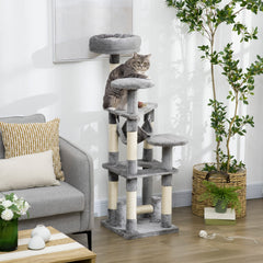 52" Multi-Level Cat Tree Tower, Kitten Scratcher Activity Center Play House with Hammock - Grey