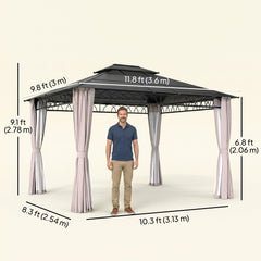 10' x 10' Outdoor Hardtop Gazebo Canopy w/ Double PC Roof, Steel Frame, Nettings, Curtains for Garden Lawn Deck, Black