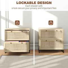 2-Drawer Filing Cabinet with Lock, Rattan File Cabinet with Adjustable Hanging Bar, Natural